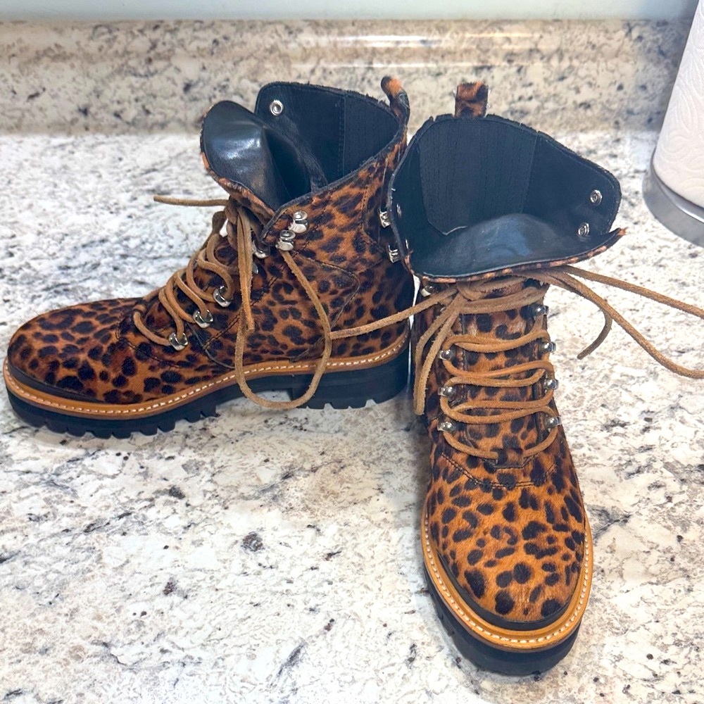 Marc Fisher. Izziely Leopard-Print Calf Hair Combat Boots. Women’s size 6.5.